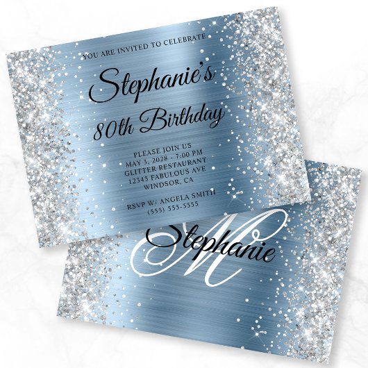 Invitation Paillettes Argent Monogramme Bleu Clair 80e Annive