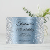 Invitation Paillettes Argent Monogramme Bleu Clair 80e Annive (Debout devant)