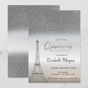 Invitation Paillettes Argent Ombré, Eiffel Quinceanera