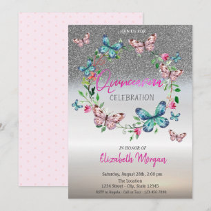 Invitation Paillettes Argent Ombré, Papillons Quinceanera