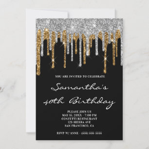 Invitation Paillettes Argent Or Dégoulinant Noir Anniversaire