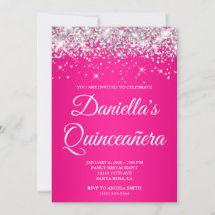 Invitation Paillettes Argent Rose Chaude Ombrée Quinceañera