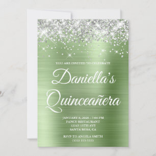 Invitation Paillettes Argent Vert Clair Feuille Quinceañera