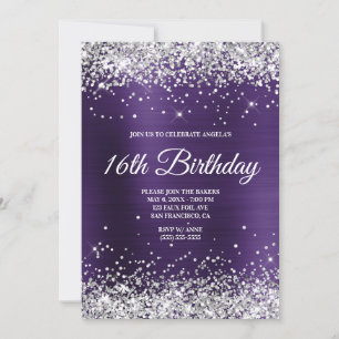 Invitation Paillettes Argent Violet Foncé Ombré Feuille Monog