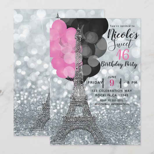 Invitation Paillettes Argentées & Ballons Fête Tour Eiffel Pa (Devant / Derrière)