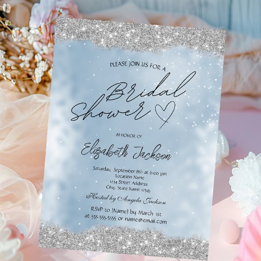 Invitation Paillettes Argentées Bleu Mariage 