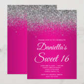 Invitation Paillettes Argentées Brillantes Dégradé Rose Chaud (Devant / Derrière)