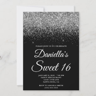 Invitation Paillettes Argentées Brillantes Noir Sweet 16