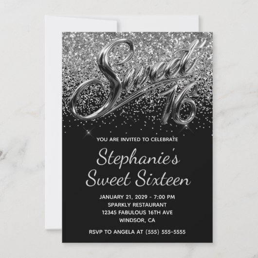 Invitation Paillettes Argentées Chrome Noir Sweet 16 (Devant)