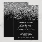 Invitation Paillettes Argentées Chrome Noir Sweet 16 (Devant / Derrière)