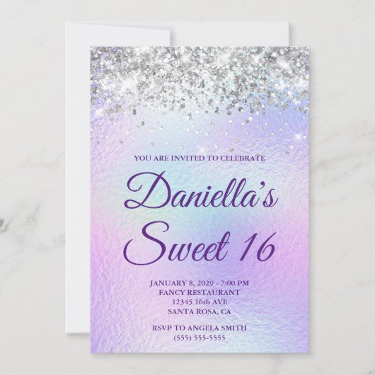 Invitation Paillettes Argentées Clair Iridescent Feuille Swee (Devant)