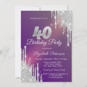Invitation Paillettes Argentées Élégantes Gouttes Violettes 4