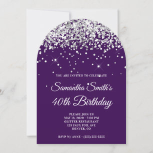 Invitation Paillettes Argentées Fête 40 ans Violet Foncé Phot