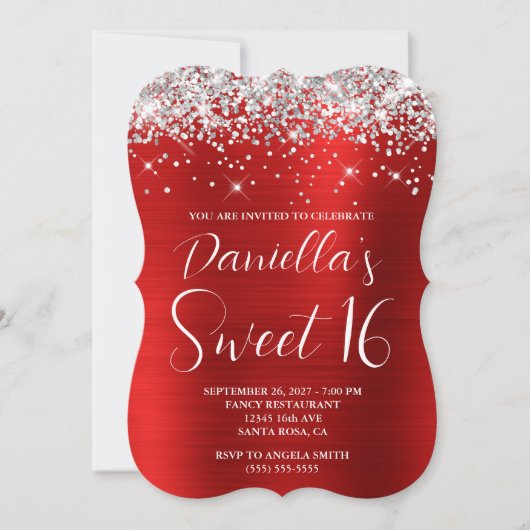 Invitation Paillettes Argentées Fête Rouge Douce 16 (Devant)