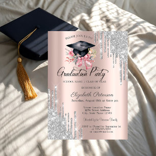 Invitation Paillettes Argentées Fleurs Cap Grad Rose Gold
