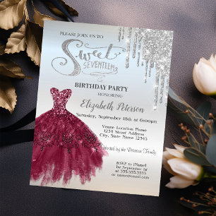 Invitation Paillettes argentées gouttes, Robe bordeaux Sweet