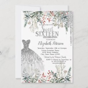 Invitation Paillettes argentées gouttes, robe hiver fleurs do