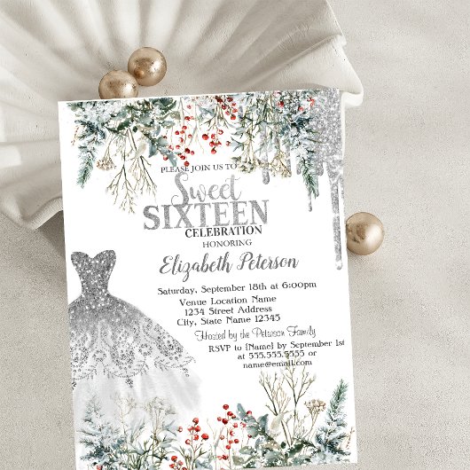 Invitation Paillettes argentées gouttes, robe hiver fleurs do
