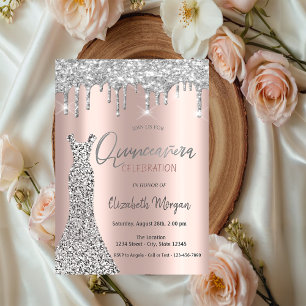 Invitation Paillettes argentées gouttes,Robe Rose Gold Quince
