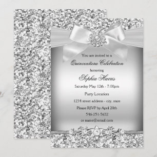 Invitation Paillettes Argentées & Nœud de Bijou Quinceanera