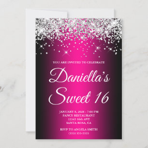 Invitation Paillettes Argentées Noir Magenta Ombre Sweet 16