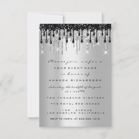 Invitation Paillettes argentées noires de goutte de mariage 1 (Devant)
