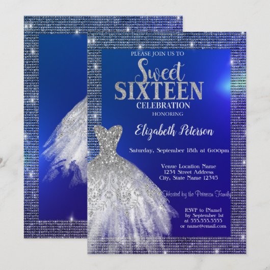 Invitation Paillettes argentées, robe bleu doux 16 ans (Devant / Derrière)