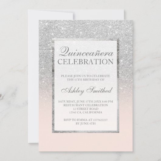 Invitation Paillettes argentées rose élégant chic Quinceañera (Devant)
