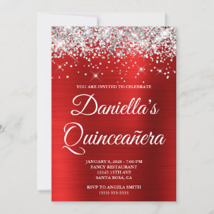 Invitation Paillettes Argentées Rouge Clair Feuille de Quince