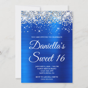 Invitation Paillettes Argentées Royal Bleu Feuille Sweet 16