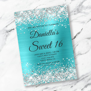 Invitation Paillettes Argentées Turquoise Bleu Clair Feuille
