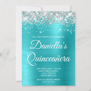 Invitation Paillettes Argentées Turquoise Bleu Feuille Quince