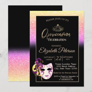 Invitation Paillettes Bokeh, Diadème, Mascarade Quinceañera