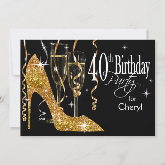 Invitation Paillettes Chaussures Stiletto Champagne 40e Anniv (Devant)