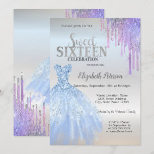 Invitation Paillettes Chic Gouttes, Robe Bleue Argent Douce 1