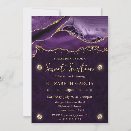 Invitation Paillettes d'agate violettes et dorées pour un Swe (Devant)