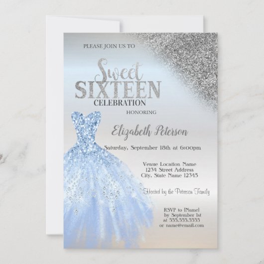 Invitation Paillettes d'argent Bokeh, Robe bleue argentée Swe (Devant)