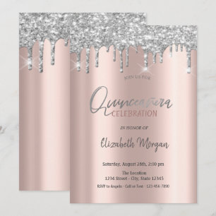Invitation Paillettes d'Argent Gouttes Rose Doré Quinceanera