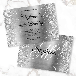 Invitation Paillettes d'Argent Monogramme Noir et Blanc