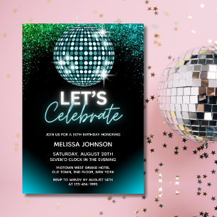 Invitation Paillettes de disco turquoise Célébrons l'annivers