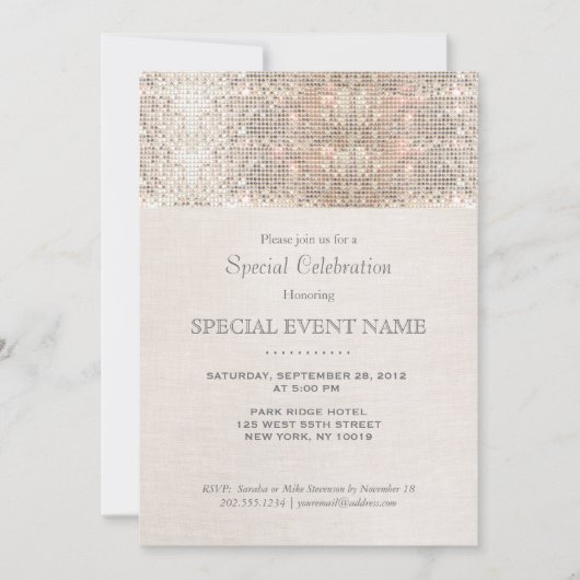 Invitation Paillettes de faux argent élégant, aspect lin beig (Devant)