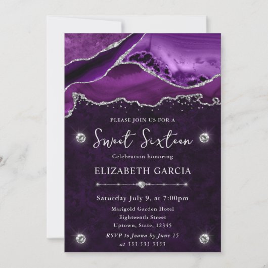 Invitation Paillettes de quartz agate violet et argent pour u (Devant)