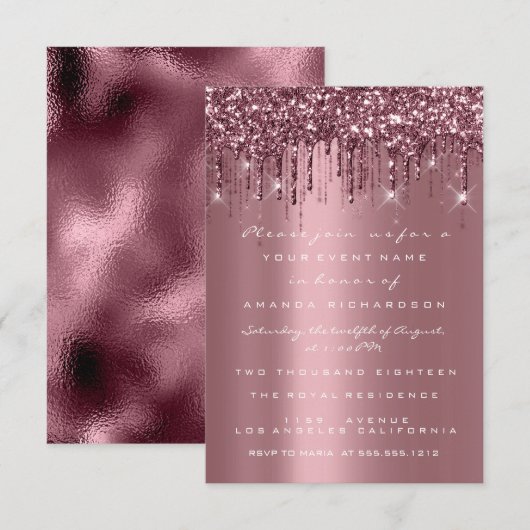 Invitation Paillettes de rose de mariage de gouttes de 16e (Devant / Derrière)