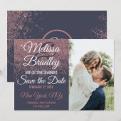 Invitation Paillettes de rose gold scintillent sur fond bleu  (Devant / Derrière)