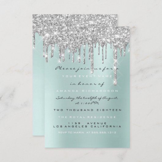 Invitation Paillettes d'étincelles gouttes argentées Aqua Mar (Devant / Derrière)