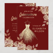 Invitation Paillettes d'or Floral Bourgogne robe Quinceañera  (Devant / Derrière)