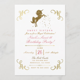 Invitation Paillettes d'Or Licorne Étoiles Coins Histoires Fê