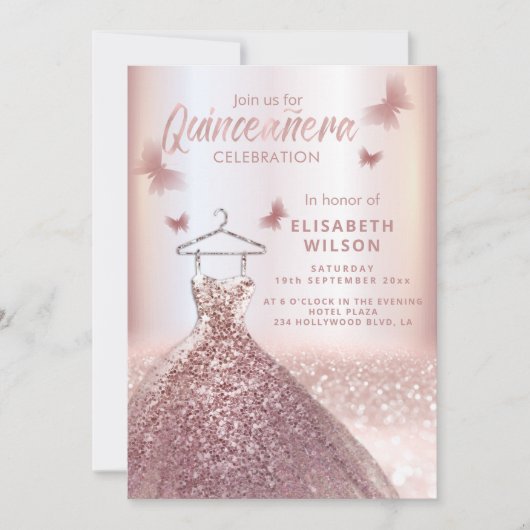 Invitation Paillettes d'or rose robe lune étoiles Quinceañera (Devant)