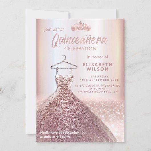 Invitation Paillettes d'or rose robe tiara Quinceañera (Devant)
