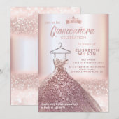 Invitation Paillettes d'or rose robe tiara Quinceañera (Devant / Derrière)